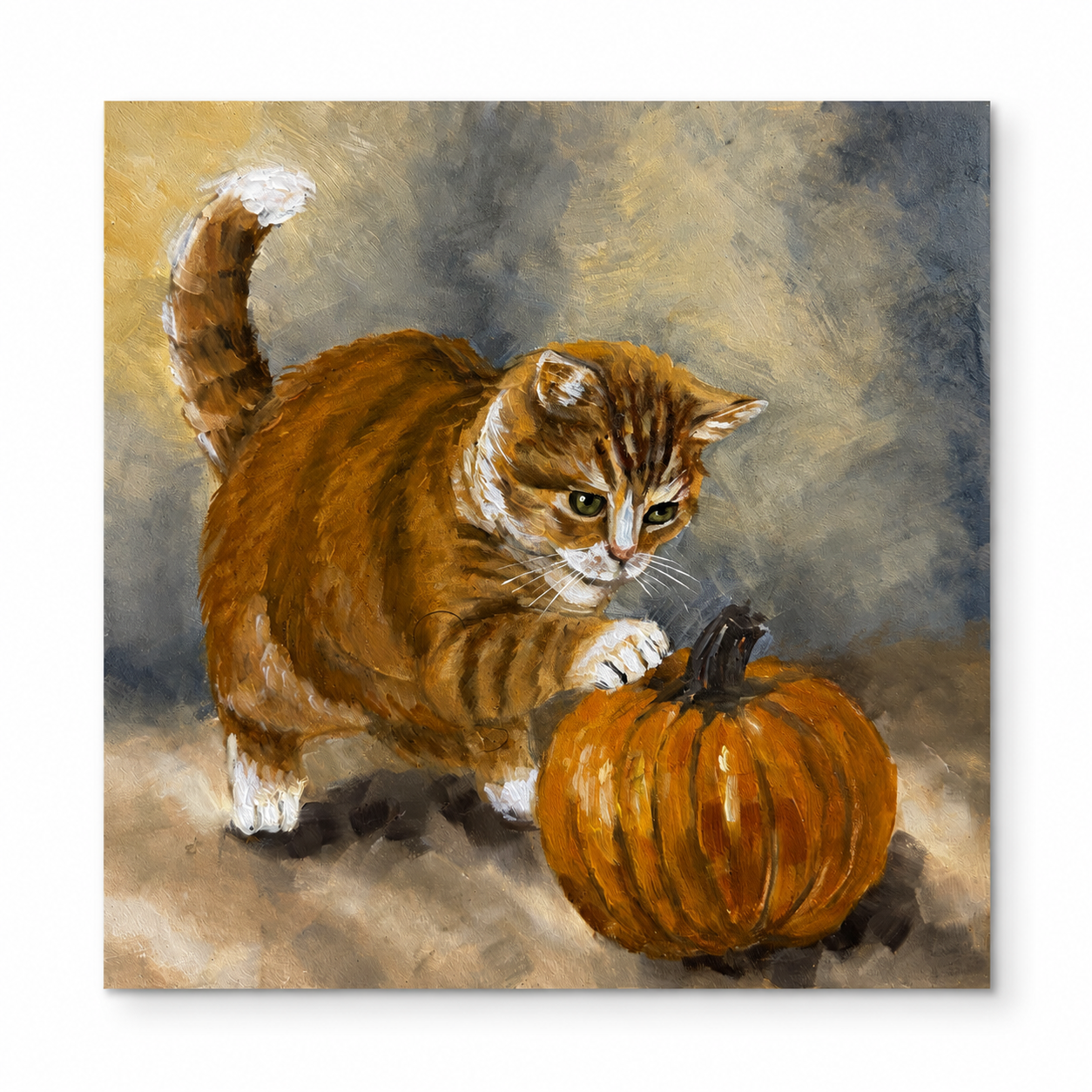 A ginger cat touching a pumpkin in a warm painted scene by Shen Art