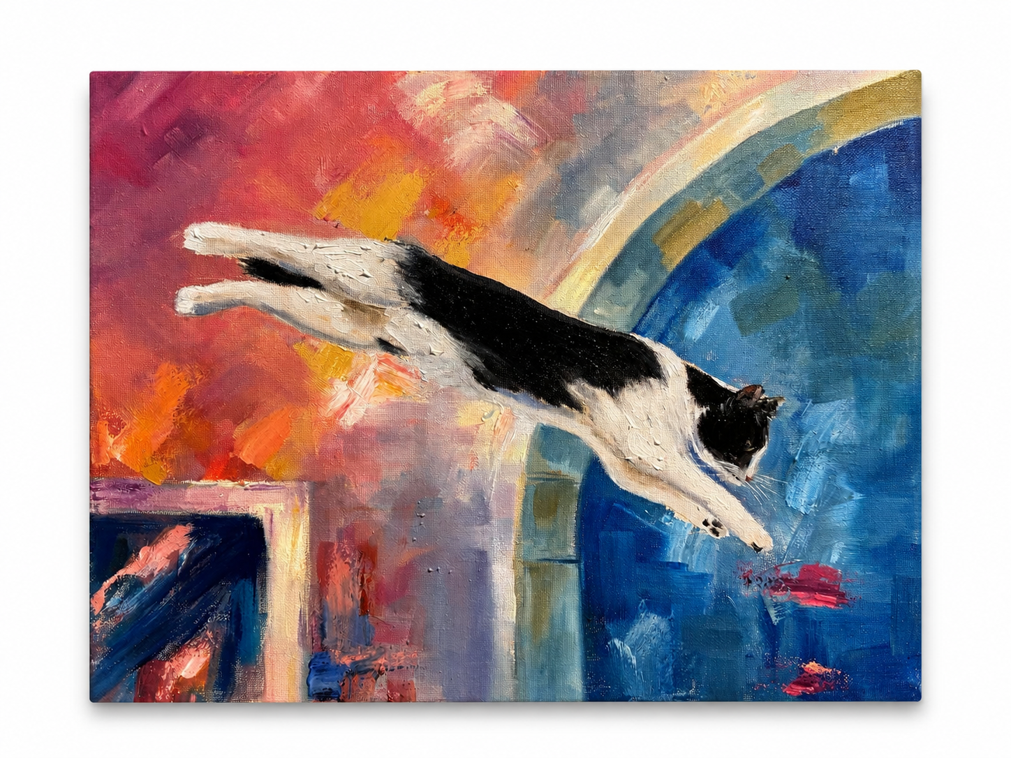 A black-and-white cat leaping through a colourful painted scene by Shen Art