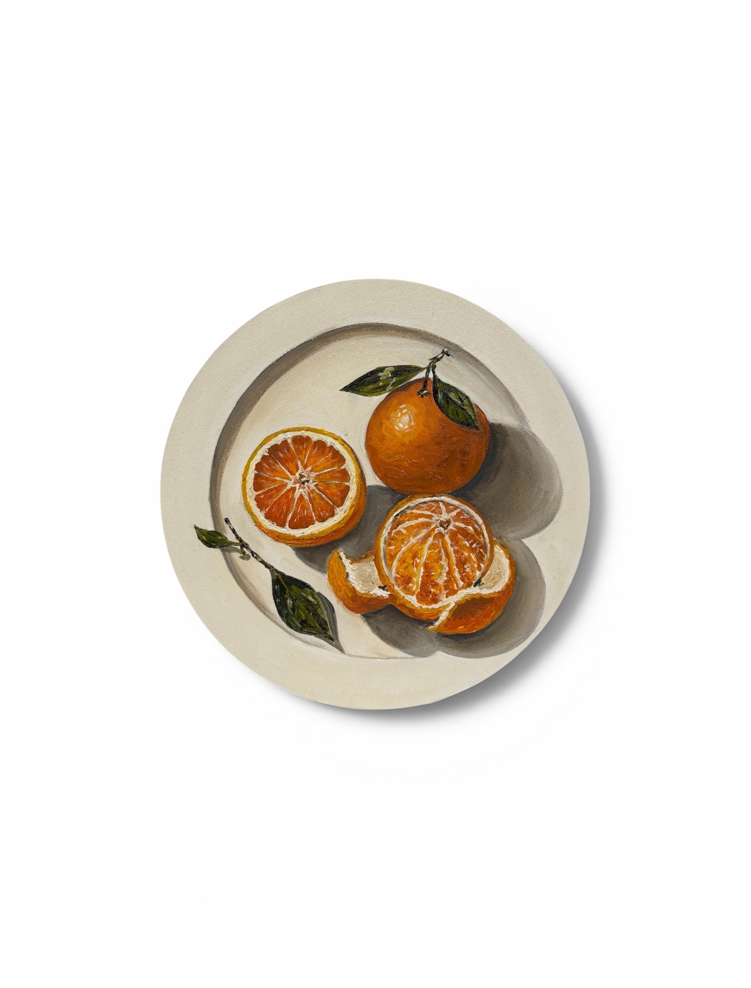 Oil still life of oranges on a round canvas by Shehara