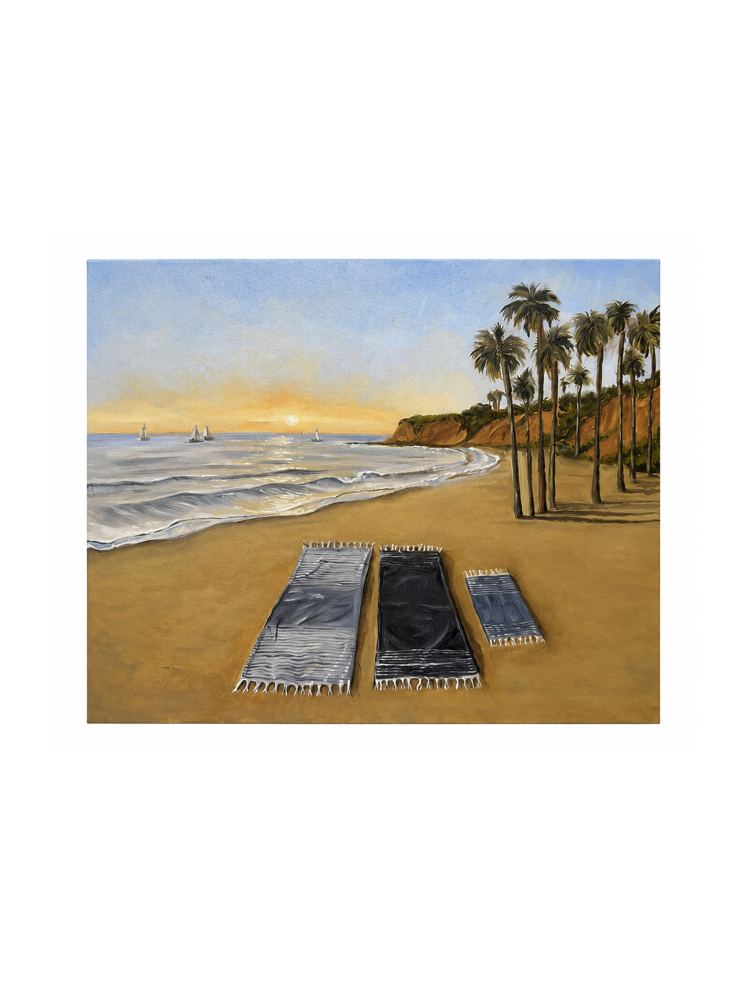 Oil painting of a sunset beach with rugs, sailboats and palm trees by Shehara