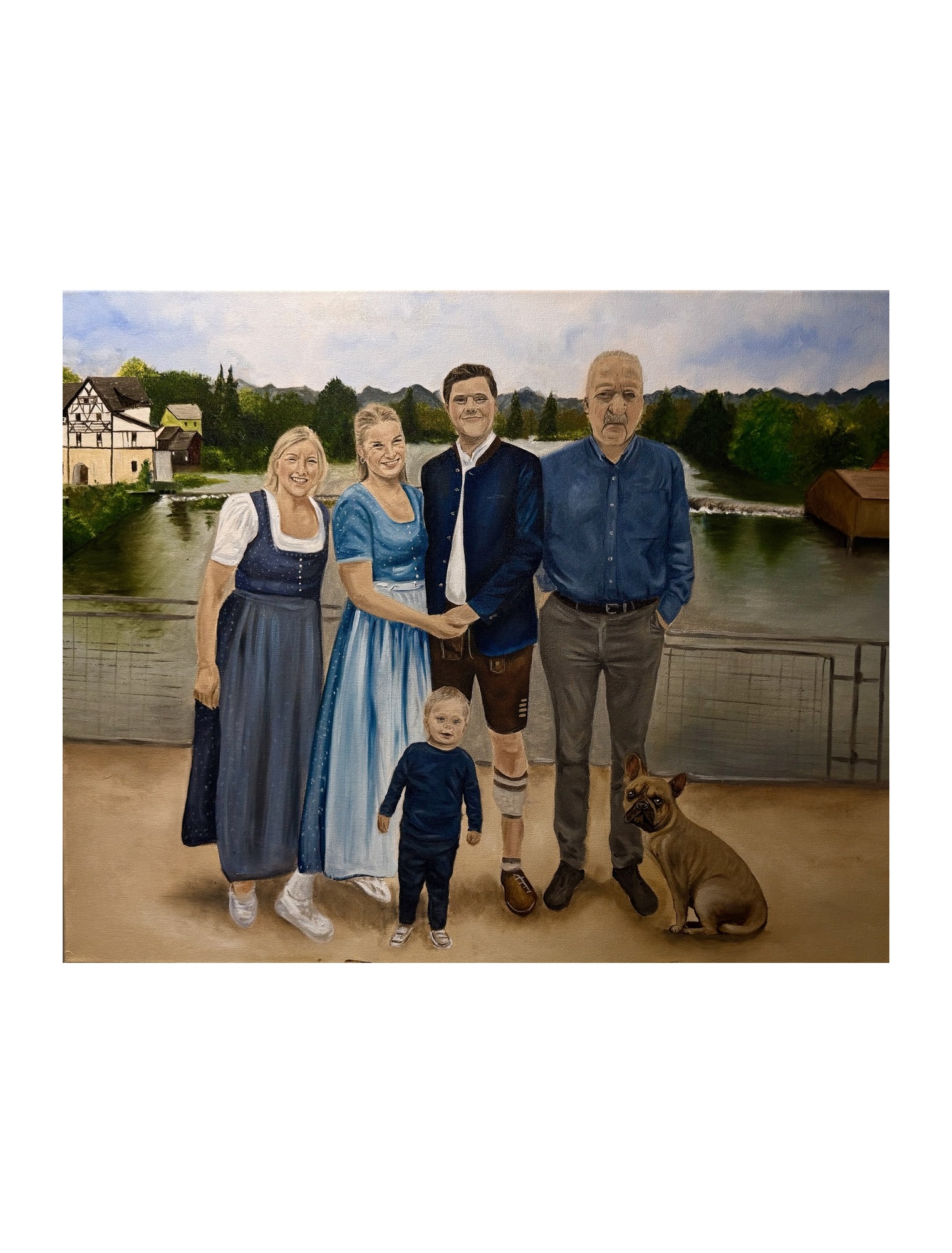 Oil family portrait set beside a river landscape by Shehara