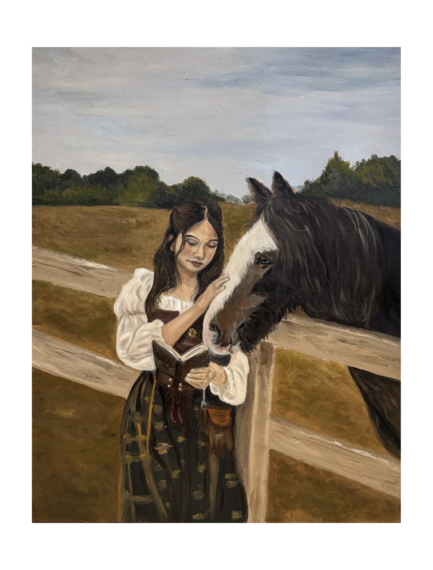 Oil painting of a young woman reading beside a horse by Shehara
