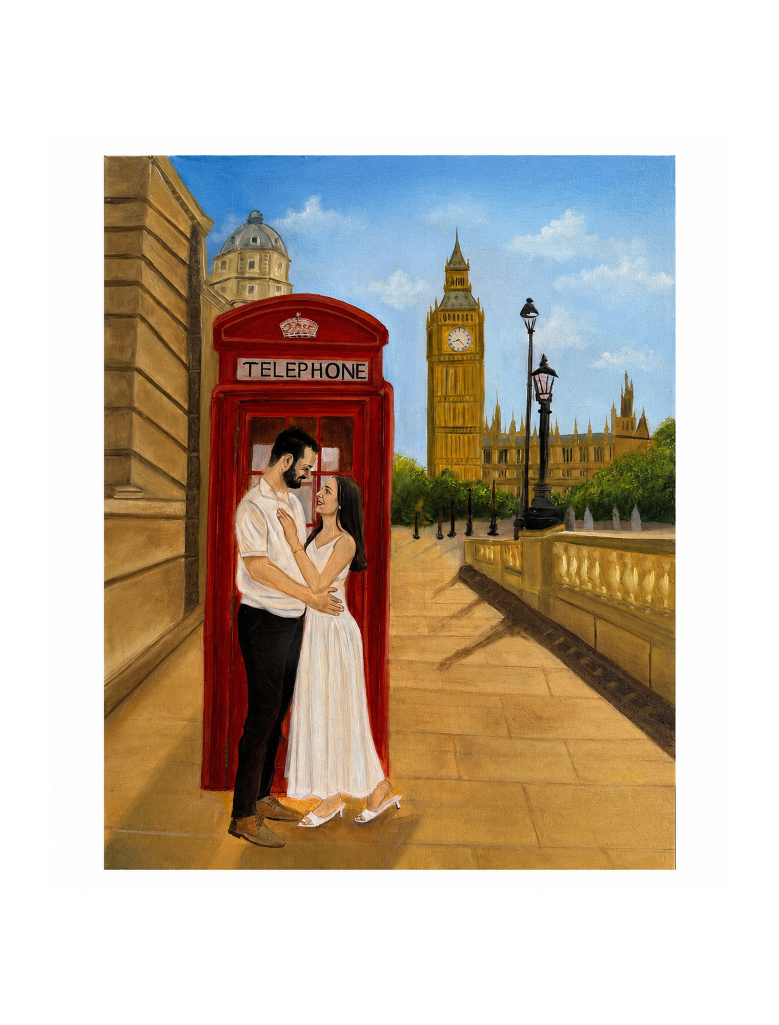Oil painting of a couple beside a red telephone box and Big Ben by Shehara