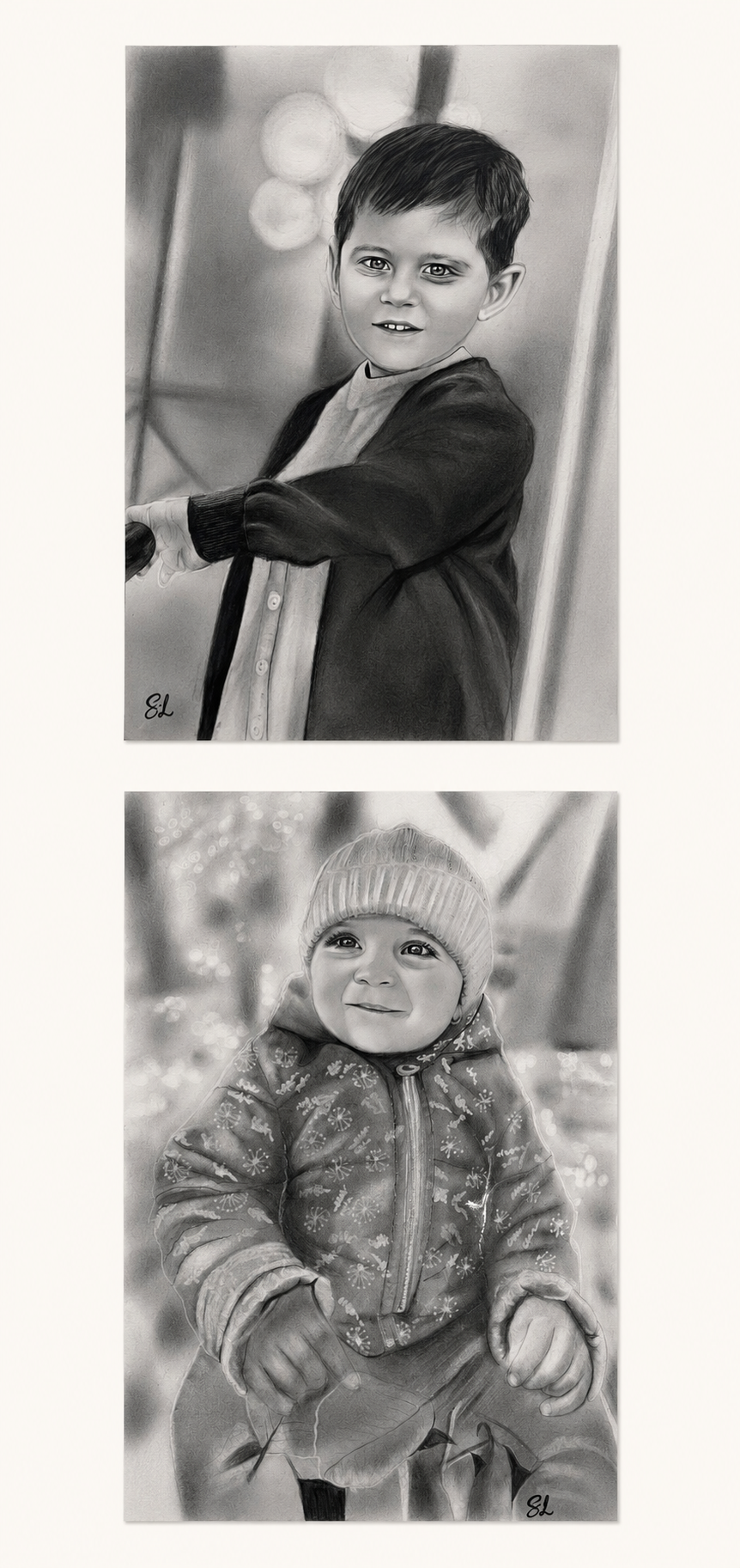 Two detailed graphite portraits of children by Shen Art