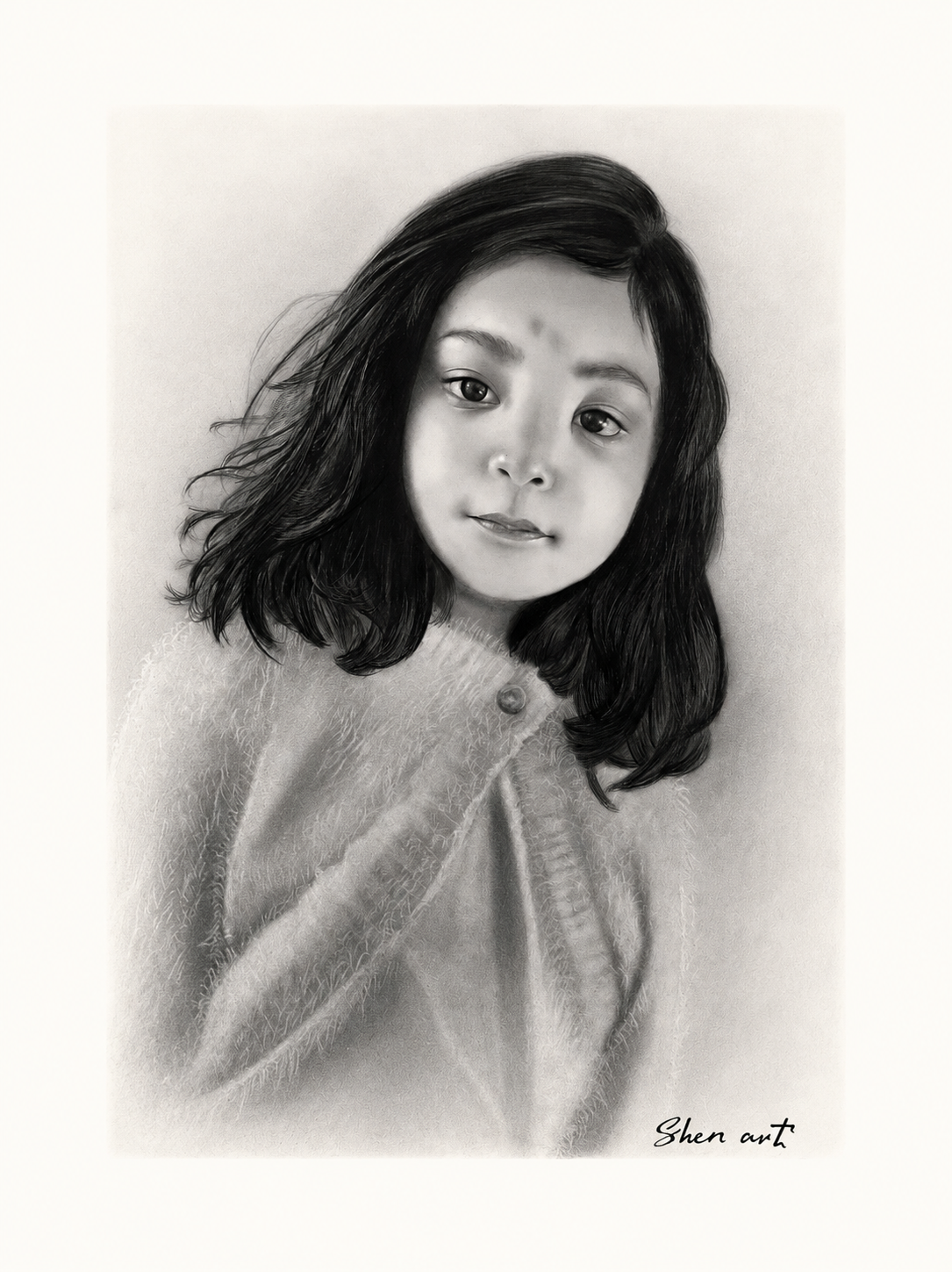 Detailed graphite portrait of a girl in a knitted cardigan by Shen Art