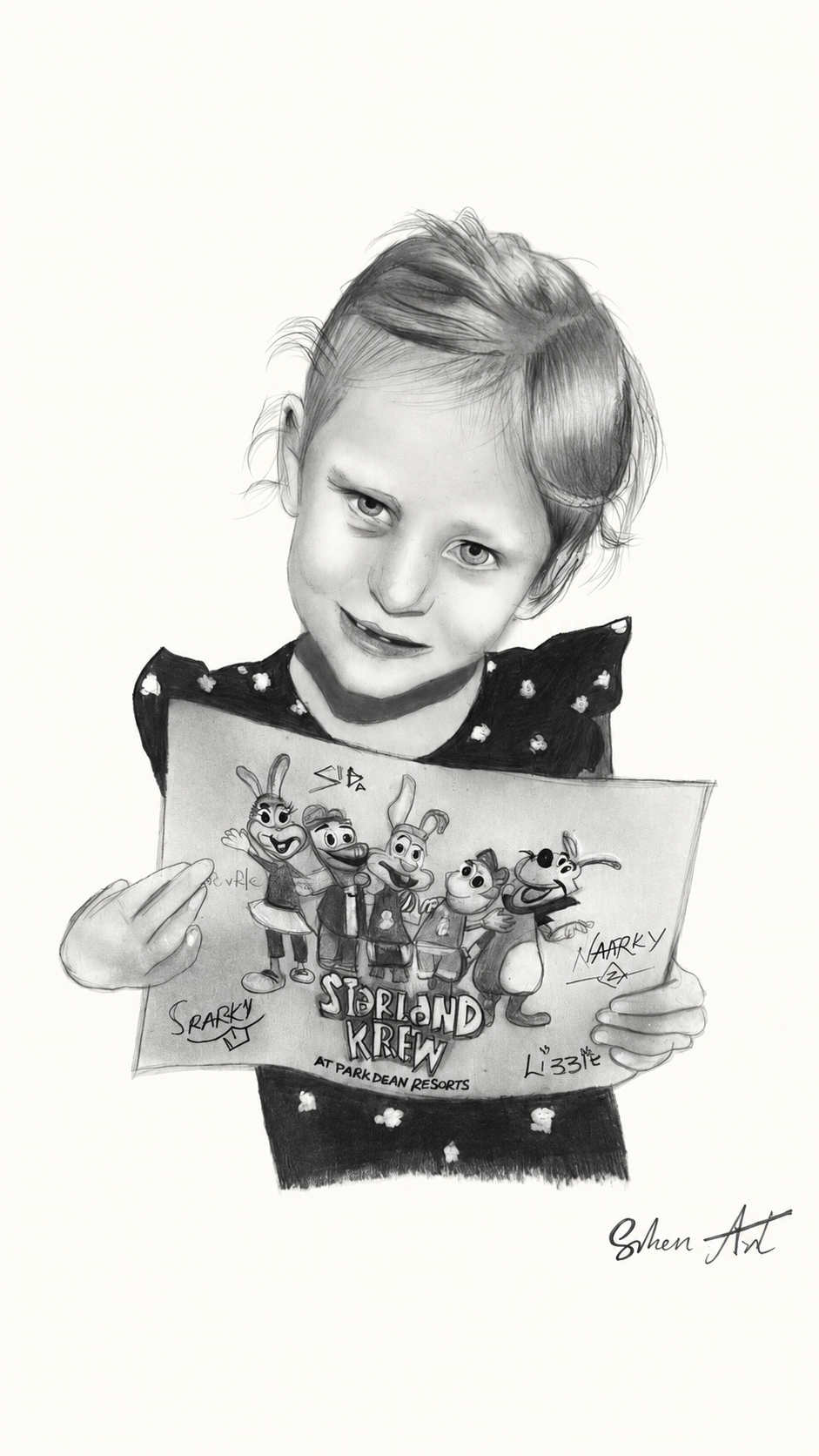 Graphite portrait of a child holding a drawing by Shen Art