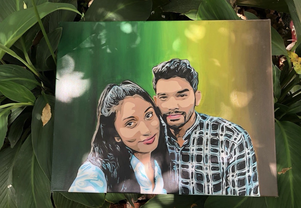 Acrylic couple portrait on canvas by Shen Art, set against a green, yellow and brown background