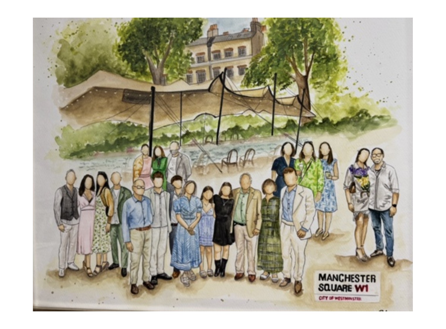 Watercolour painting of a group gathering in Manchester Square, Westminster by Shehara